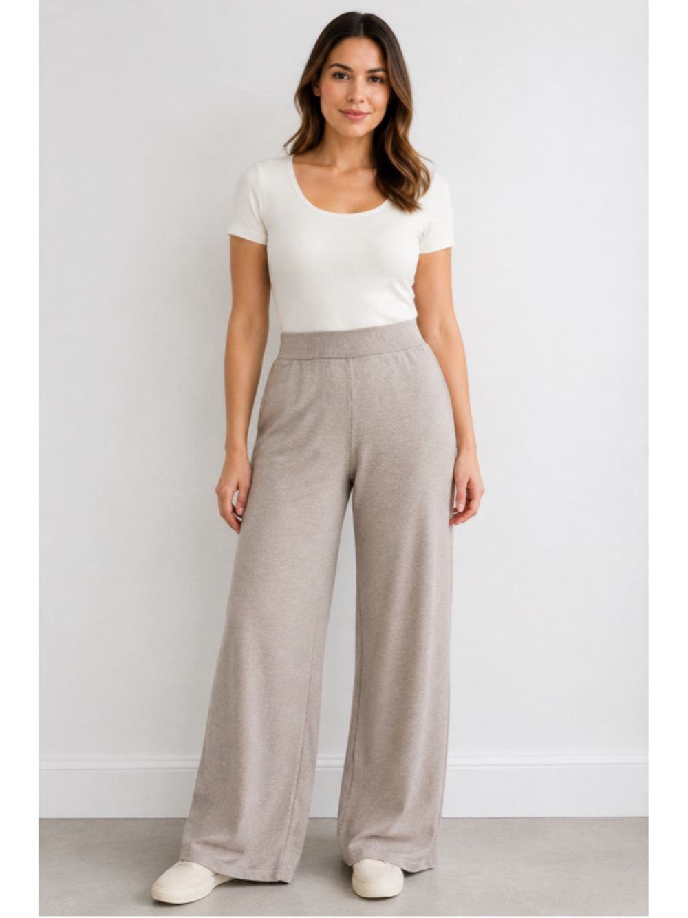 Sioni Women’s Wide-Leg Knit Pants – Size Large – Taupe Beige